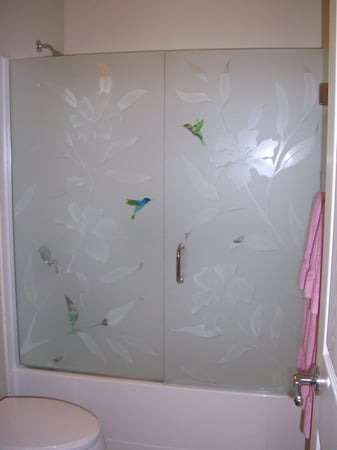 Shower Enclosure with a sandblast Frosted Glass Tropical Design Custom-Designed Decorative Etched Glass