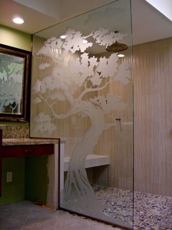 Shower Enclosure with a Frosted Glass Bonsai III Asian Design for Semi-Private by Sans Soucie Art Glass