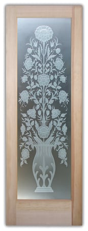 Pantry Door with a sandblast Frosted Glass Floral Design Custom-Designed Decorative Etched Glass