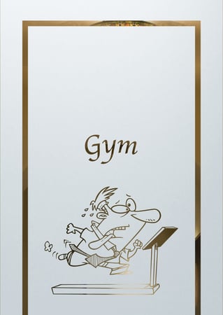 Bathroom Door Insert with a Frosted Glass Treadmill Whimsical Design for Semi-Private by Sans Soucie Art Glass