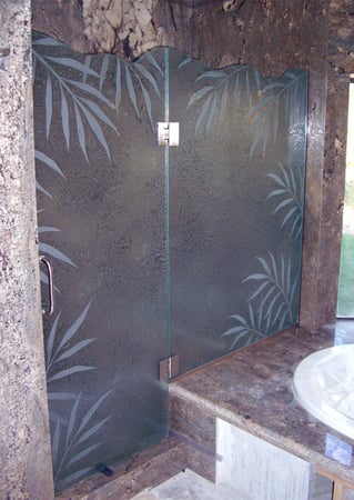 Shower Enclosure with a sandblast Frosted Glass Tropical Design Custom-Designed Decorative Etched Glass