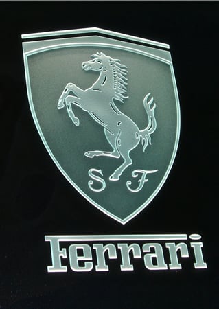 Glass Sign featuring a Frosted Glass Logos Design Sandblast Etched Glass Ferrari (similar look) Design by Sans Soucie