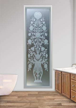 Window with a sandblast Frosted Glass Floral Design Custom-Designed Decorative Etched Glass