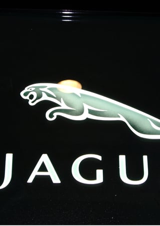 Glass Sign featuring a Frosted Glass Logos Design Sandblast Etched Glass Jaguar (similar look) Design by Sans Soucie