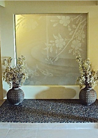 Window with Frosted Glass Asian Koi Blossom Design by Sans Soucie