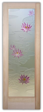 Pantry Door featuring a Frosted Glass Floral Design Sandblast Etched Glass Lily Pads & Lotus Design by Sans Soucie