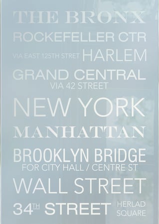 Bathroom Door Insert with a Frosted Glass NYC Sayings Design for Semi-Private by Sans Soucie Art Glass