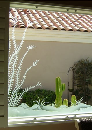 Window featuring Frosted Glass Design Etched Glass by Sans Soucie Art Glass with Custom Desert Design Ocotillo Aloe