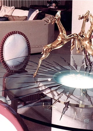 Glass Dining Table featuring a Frosted Glass Geometric Design Sandblast Etched Glass Sunburst  Design by Sans Soucie