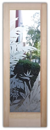 Interior Door with a sandblast Frosted Glass Tropical Design Custom-Designed Decorative Etched Glass
