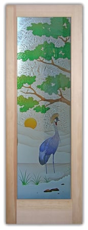 Pantry Door featuring Frosted Glass Design Etched Glass by Sans Soucie Art Glass with Custom African Design African Crane