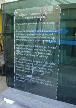 Glass Sign featuring a Frosted Glass Logos Design Sandblast Etched Glass Allegiance Retirement (similar look) Design by Sans Soucie