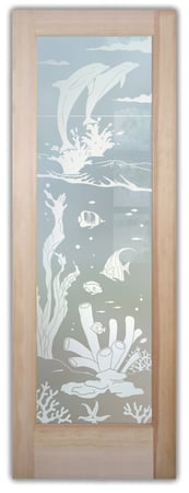 Bathroom Door featuring Frosted Glass Design Etched Glass by Sans Soucie Art Glass with Custom Oceanic Design Aquarium Dolphins