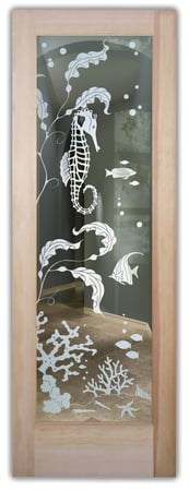 Front Door showcasing a Frosted Glass Oceanic Design with Sandblast Etched Glass Art by Sans Soucie Aquarium Seahorse Design