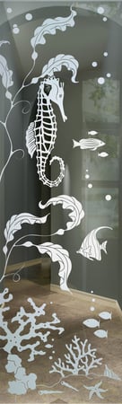 Door Glass Insert showcasing a Frosted Glass Oceanic Design with Sandblast Etched Glass Art by Sans Soucie Aquarium Seahorse Design