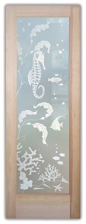 Pantry Door showcasing a Frosted Glass Oceanic Design with Sandblast Etched Glass Art by Sans Soucie Aquarium Seahorse Design