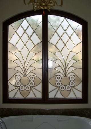 Window featuring Frosted Glass Design Etched Glass by Sans Soucie Art Glass with Custom Traditional Design Arabesque Bevels