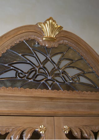 Cabinet Glass featuring Frosted Glass Design Etched Glass by Sans Soucie Art Glass with Custom Traditional Design Arabesque Bevels