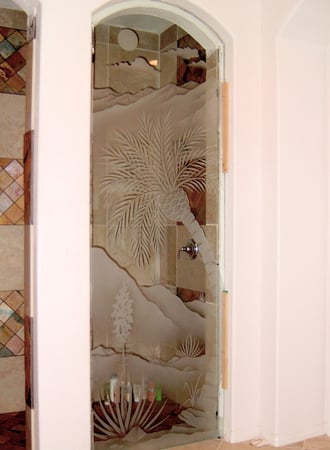 Window with a sandblast Frosted Glass Palm Trees Design Custom-Designed Decorative Etched Glass