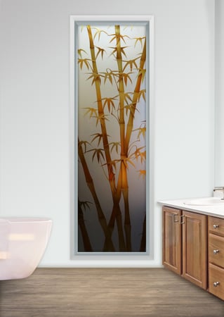 Window showcasing a Frosted Glass Asian Design with Sandblast Etched Glass Art by Sans Soucie Bamboo Shoots II Copper Design