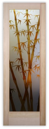 Pantry Door showcasing a Frosted Glass Asian Design with Sandblast Etched Glass Art by Sans Soucie Bamboo Shoots II Copper Design