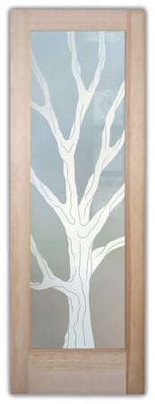 Bathroom Door showcasing a Frosted Glass Trees Design with Sandblast Etched Glass Art by Sans Soucie Barren Branches Design