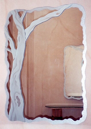 Decorative Mirror showcasing a Frosted Glass Trees Design with Sandblast Etched Glass Art by Sans Soucie Barren Branches Design