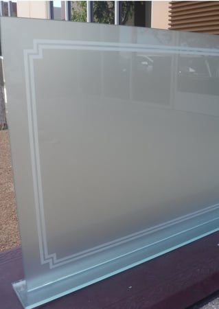 Fireplace Screen featuring Frosted Glass Design Etched Glass by Sans Soucie Art Glass with Custom Borders Design Basic Stepped Corners Border