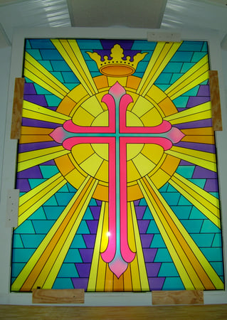 Window with a Frosted Glass Beaming Cross with Crown Traditional Design for Semi-Private by Sans Soucie Art Glass
