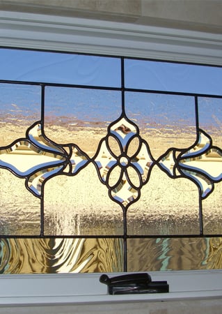 Window showcasing a Frosted Glass Traditional Design with Sandblast Etched Glass Art by Sans Soucie Beautiful Bevels II Design