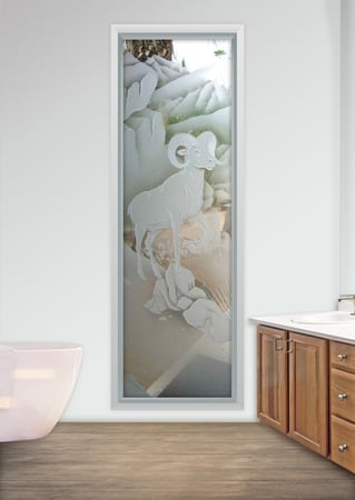 Window featuring a Frosted Glass Wildlife Design Sandblast Etched Glass Bighorn Design by Sans Soucie