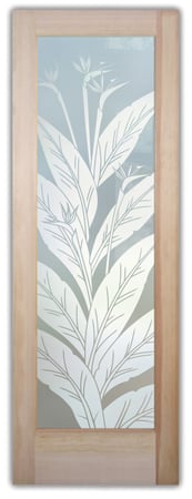 Pantry Door featuring a Frosted Glass Tropical Design Sandblast Etched Glass Bird of Paradise Design by Sans Soucie