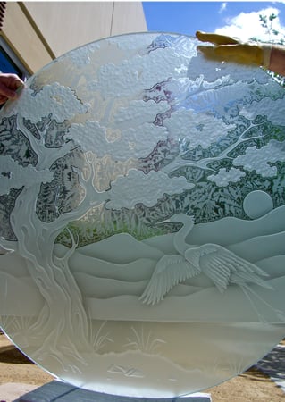 Window with a sandblast Frosted Glass Asian Design Custom-Designed Decorative Etched Glass