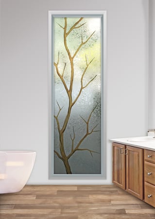Window with a sandblast Frosted Glass Trees Design Custom-Designed Decorative Etched Glass