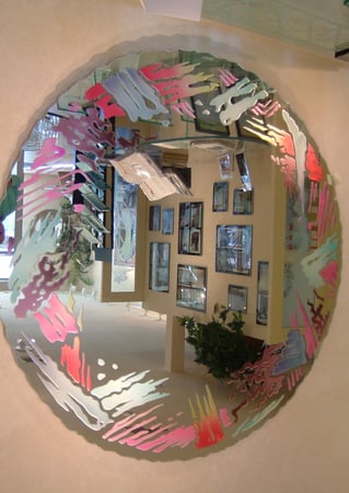 Decorative Mirror showcasing a Frosted Glass Abstract Design with Sandblast Etched Glass Art by Sans Soucie Brilliant Brushes Design
