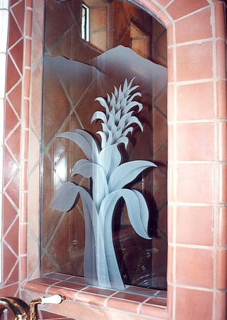 Window featuring a Frosted Glass Foliage Design Sandblast Etched Glass Bromeliad Design by Sans Soucie