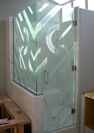 Shower Enclosure with a sandblast Frosted Glass Geometric Design Custom-Designed Decorative Etched Glass