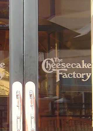 Glass Sign featuring Frosted Glass Design Etched Glass by Sans Soucie Art Glass with Custom Logos Design Cheesecake Factory  (similar look)