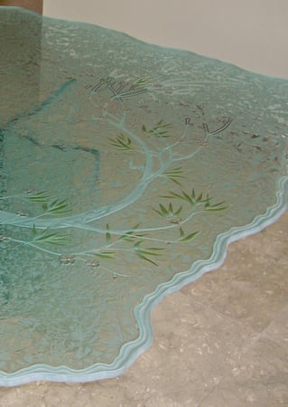 Glass Dining Table featuring Frosted Glass Design Etched Glass by Sans Soucie Art Glass with Custom Asian Design Cherry Blossom II
