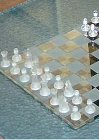 Glass Coffee Table featuring a Frosted Glass Geometric Design Sandblast Etched Glass Chess Board Design by Sans Soucie