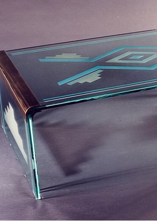 Glass Coffee Table featuring Frosted Glass Design Etched Glass by Sans Soucie Art Glass with Custom Geometric Design Aztec Center