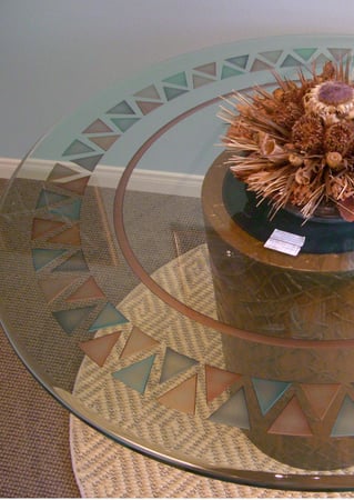 Glass Dining Table with a sandblast Frosted Glass Borders Design Custom-Designed Decorative Etched Glass