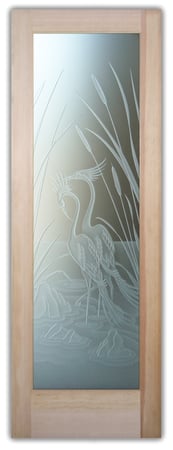 Pantry Door showcasing a Frosted Glass Wildlife Design with Sandblast Etched Glass Art by Sans Soucie Cranes & Cattails Design