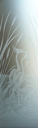 Door Glass Insert showcasing a Frosted Glass Wildlife Design with Sandblast Etched Glass Art by Sans Soucie Cranes & Cattails Design