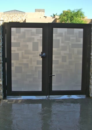Gate Glass Insert showcasing a Frosted Glass Geometric Design with Sandblast Etched Glass Art by Sans Soucie Cubes Tall Design
