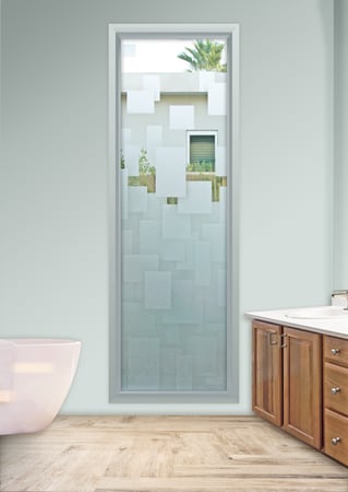 Window showcasing a Frosted Glass Geometric Design with Sandblast Etched Glass Art by Sans Soucie Cubes Design