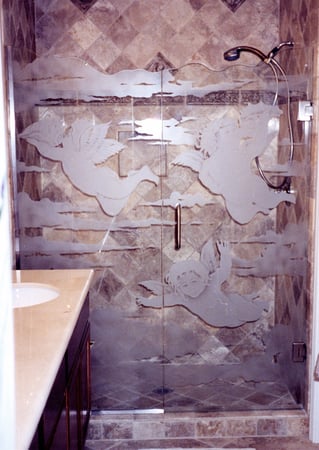 Shower Enclosure featuring Frosted Glass Design Etched Glass by Sans Soucie Art Glass with Custom Whimsical Design Cupids