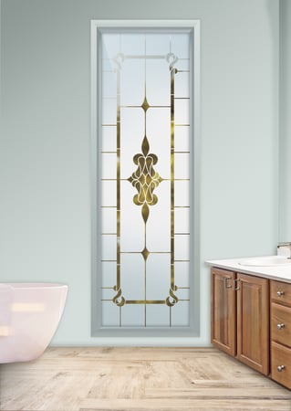 Window showcasing a Frosted Glass Traditional Design with Sandblast Etched Glass Art by Sans Soucie Dandridge Design