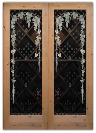 Wine Cellar Door showcasing a Frosted Glass Grapes & Ivy Design with Sandblast Etched Glass Art by Sans Soucie Vineyard Grapes Trellis Pair Design