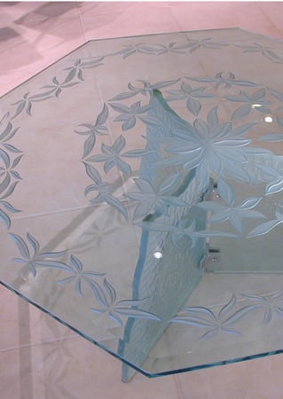 Glass Coffee Table showcasing a Frosted Glass Floral Design with Sandblast Etched Glass Art by Sans Soucie Delicate Design
